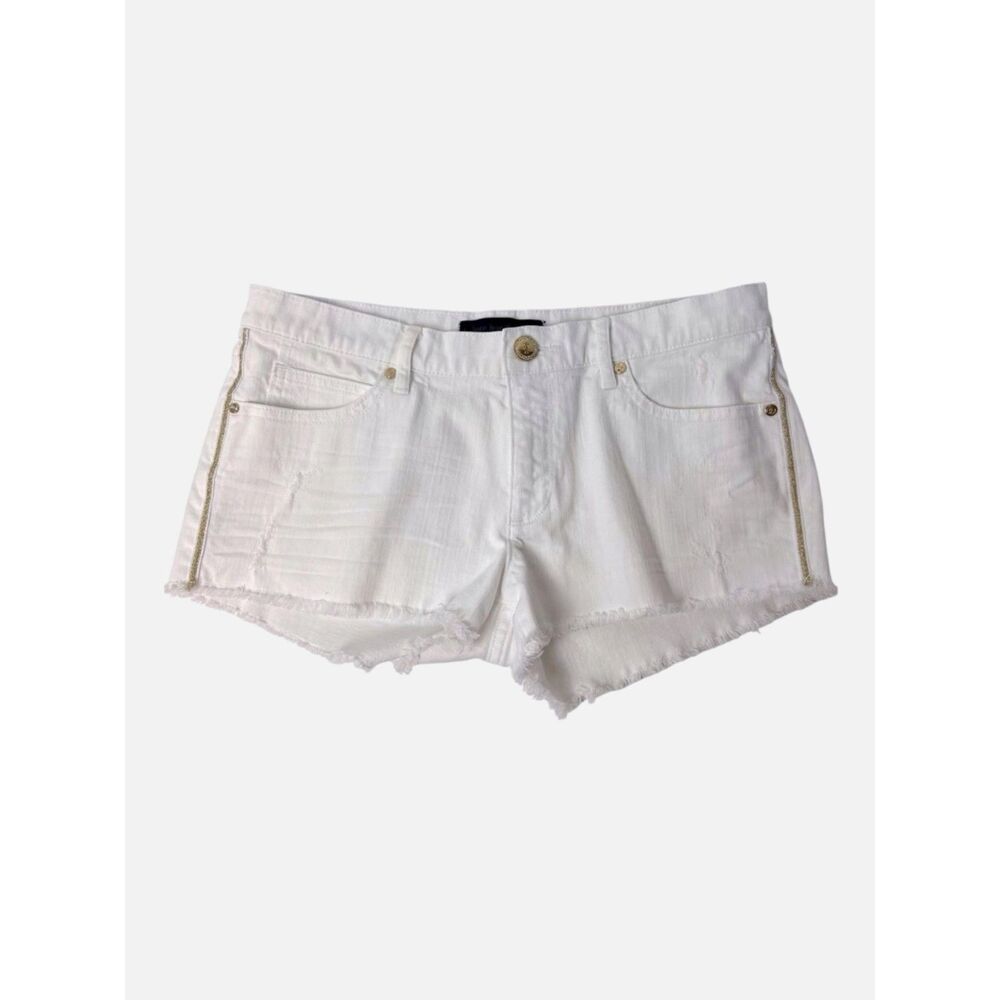 Juicy Couture White Denim Jean Shorts Distressed Gold Crystal Raw Hem Size 29
